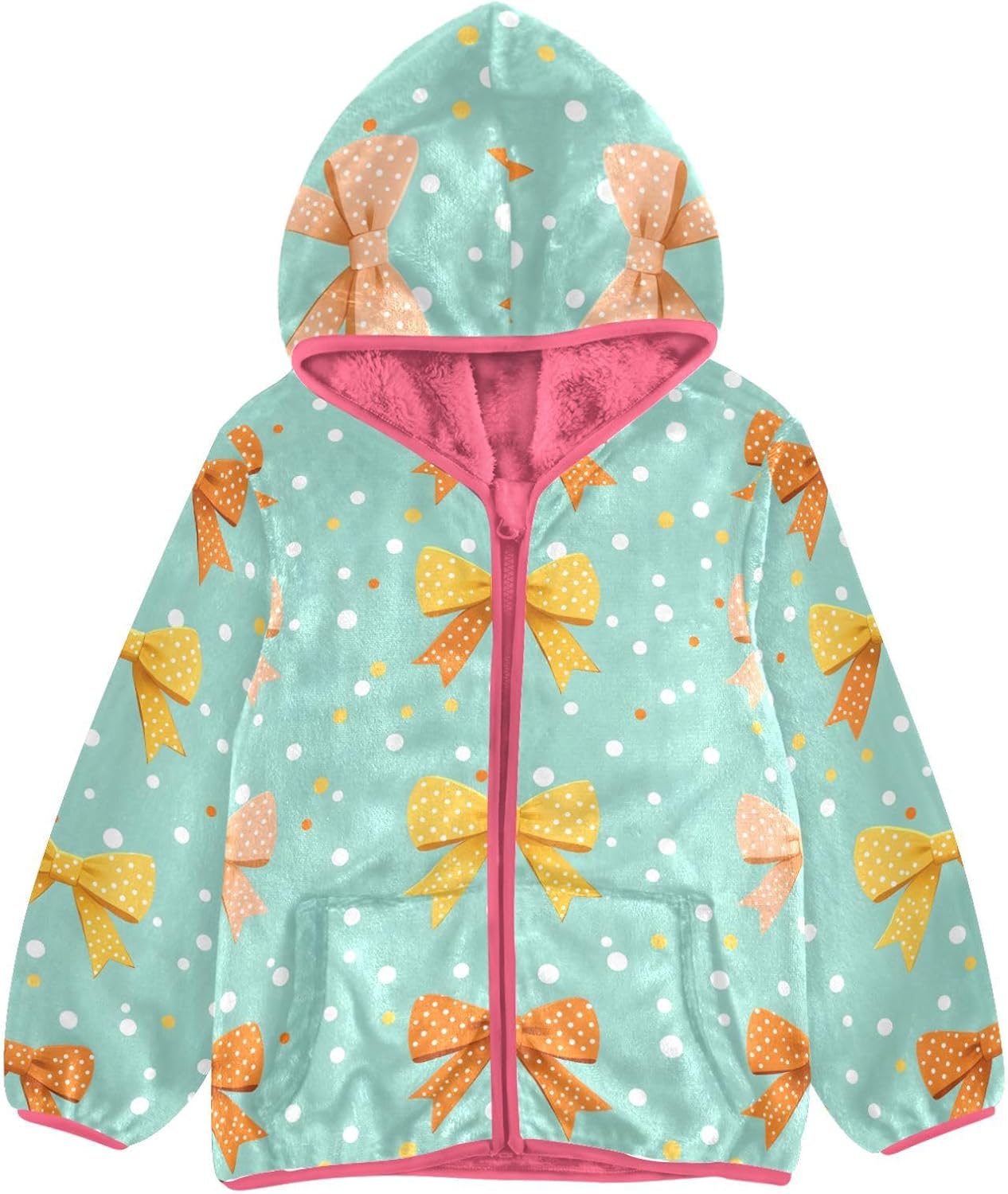 Girls Hoodie Outfit Bow Yellow Red Teal Pattern Zipper Sweatshirt Coat Fleece Jacket for Kids 3-10T
