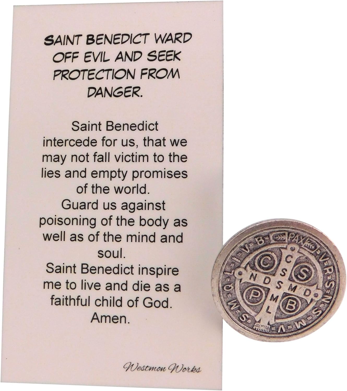 Westmon Works St Benedict Prayer Token Set Italian Metal Saint Pocket Trinket and Holy Card Made in the USA - Image 2