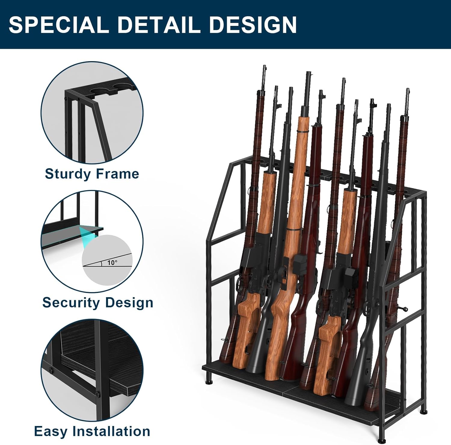 Nandae Gun Rack, Floor Standing Shotgun Racks Indoor, Heavy Duty Metal Frame Wooden Rifle Racks with Foot Padding, Vertical Gun Display Stand for Home Garage Gun Storage - Holds up to 10 Long Guns