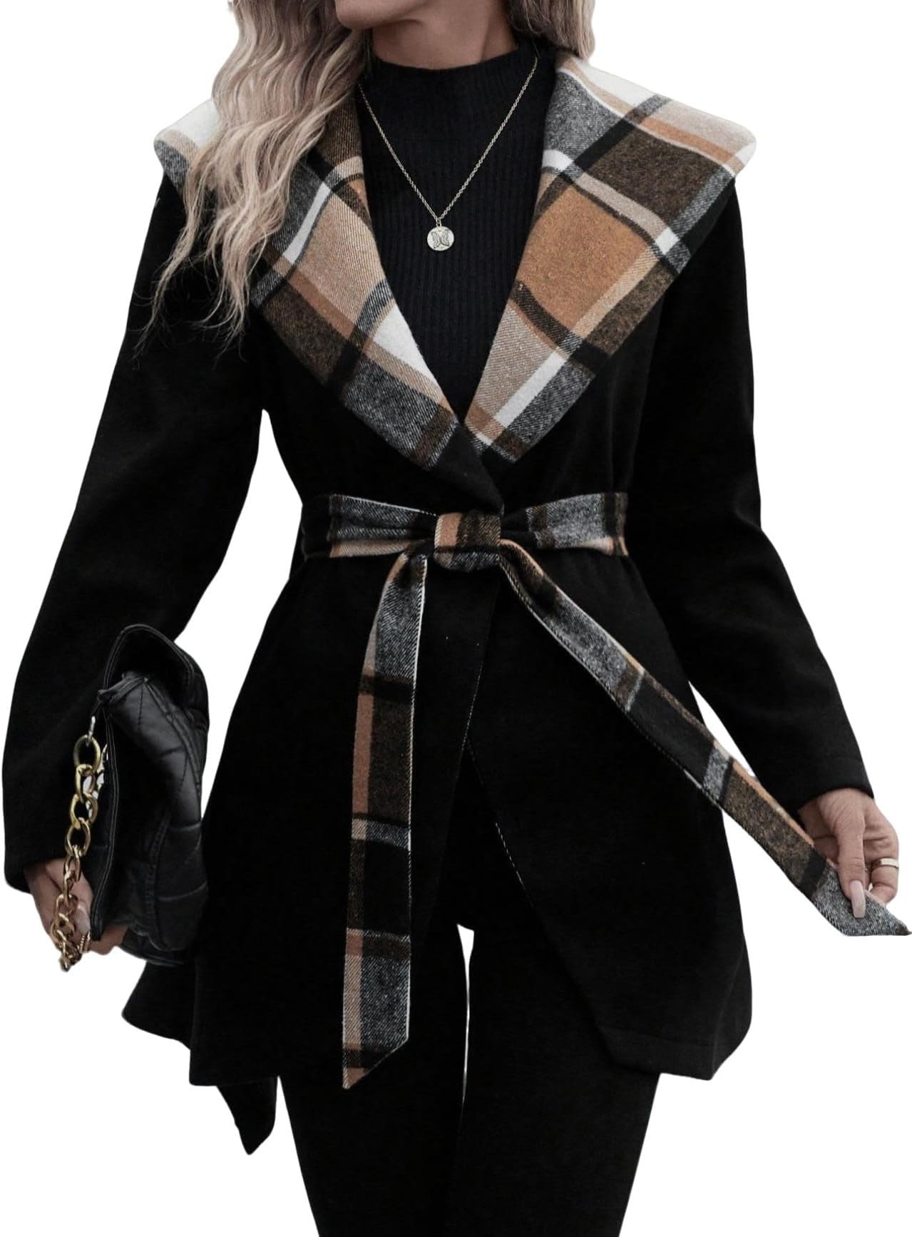 Women Plaid Patchwork Pea Coat Jacket Fall Winter Wool Shawl Collar Trench Overcoat with Belt