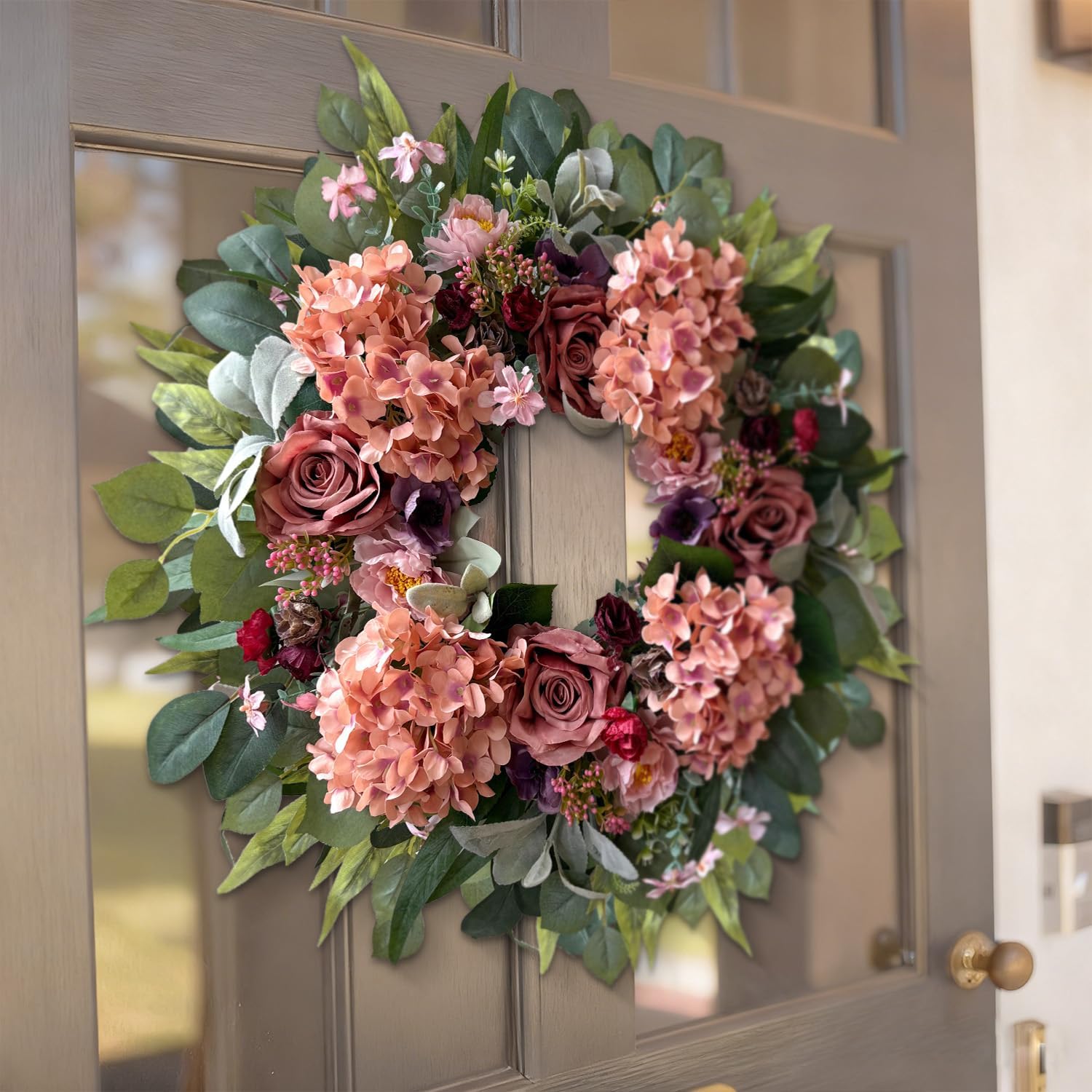 WANNA-CUL 24 Inch Spring Hydrangea Wreaths for Front Door,Spring Mothers Day Front Door Wreath with Pink Rose and Peony Flower for Valentines Day,Wedding or Indoor&Outdoor Decoration - Image 8