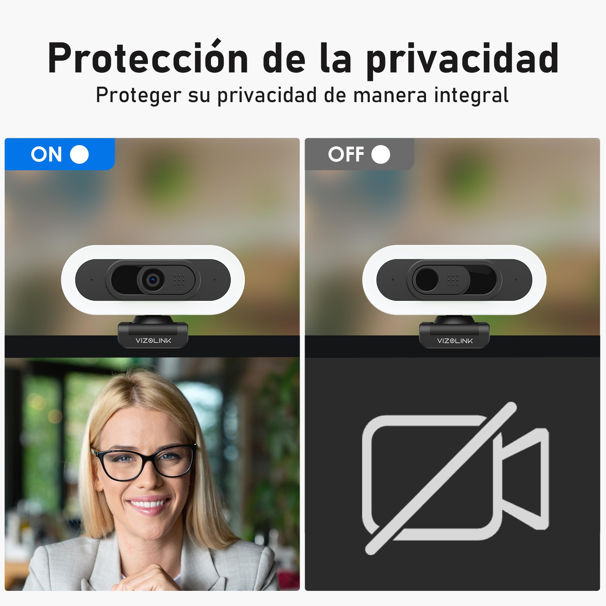 W8LS Webcam 4K 30FPS con Micrófono Anti-Ruido, Luz de Anillo LED, Autofoco, Corrección de Luz, 78°Gran Angular, Tapa Privacidad, Plug & Play, Trípode - comptible Zoom, Teams, OBS y Switch 2