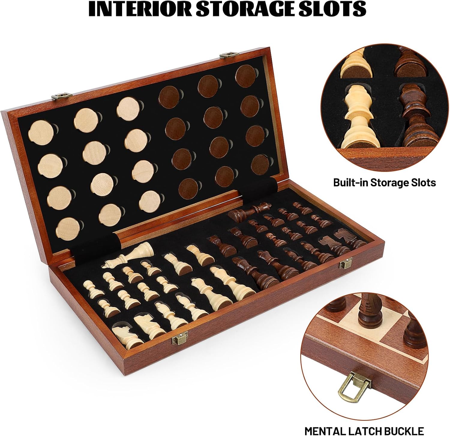 LEAP Wooden Chess and Checker Sets - 15" Sapele & Maple Folding Chess Board with 2 Extra Queens | Chess Board Set | Wooden Chess Sets for Adults,3 inch King Height