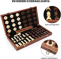 Vista 2 de LEAP Juegos de ajedrez y damas de madera, tablero de ajedrez plegable de sapele y arce de 15 pulgadas con 2 reinas adicionales, juego de tablero