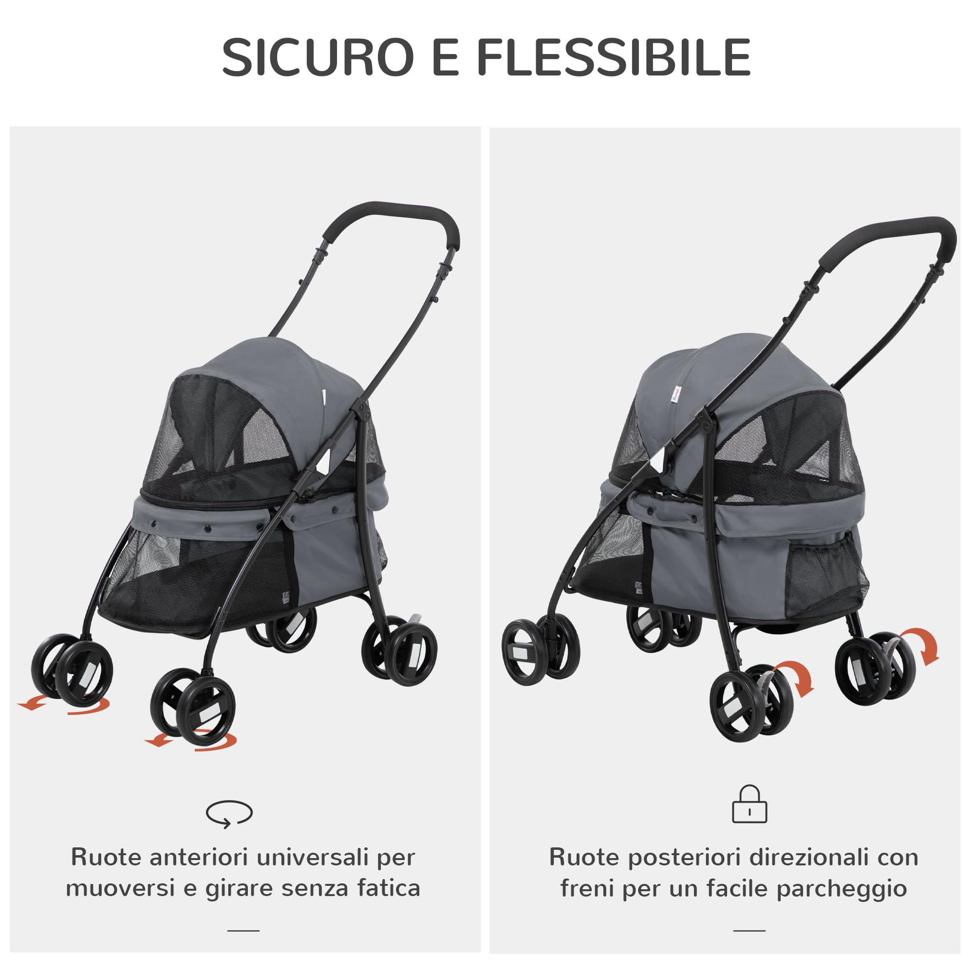 PawHut Passeggino per Cani Pieghevole con Tettuccio Regolabile, Borsa e 2 Guinzagli, Passeggino per Animali in Tessuto Oxford e Acciaio, 82x47x97 cm, Grigio e Nero