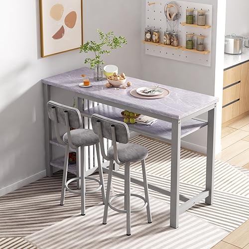Miniatura 3 de Lamerge Mesa de altura de barra de cocina y sillas para 2, mesa de comedor compacta de 5 niveles, parte superior gris y 2 asientos tapizados de piel