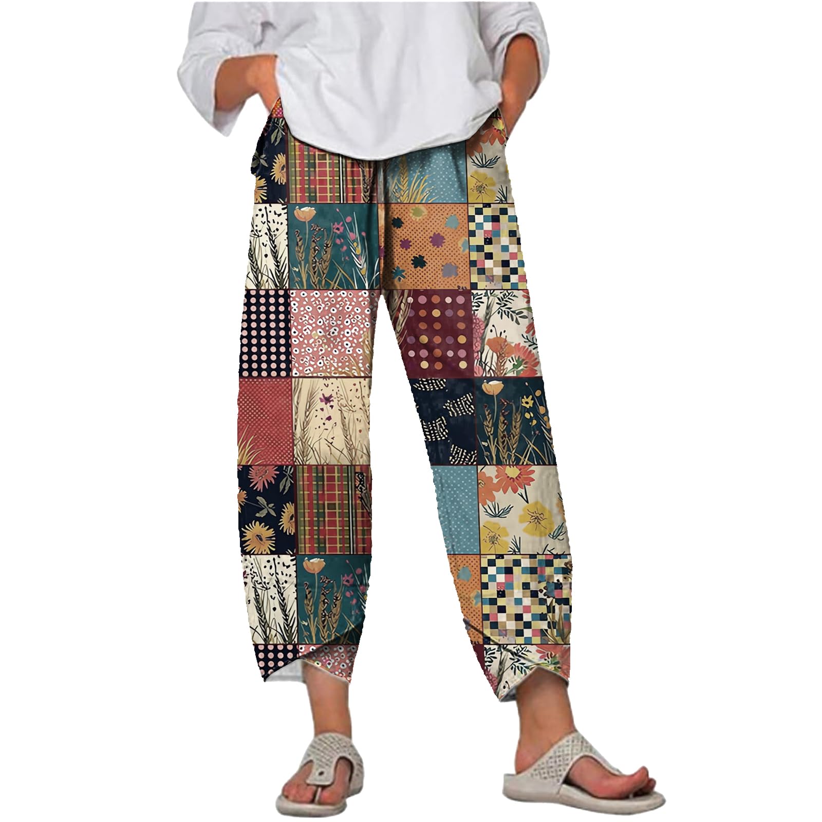 MARSVOVO Capri Pants for Women Summer Fashion Patchwork Cropped Comfy Wide Leg Baggy Trouser Palazzo Pants with Pockets
