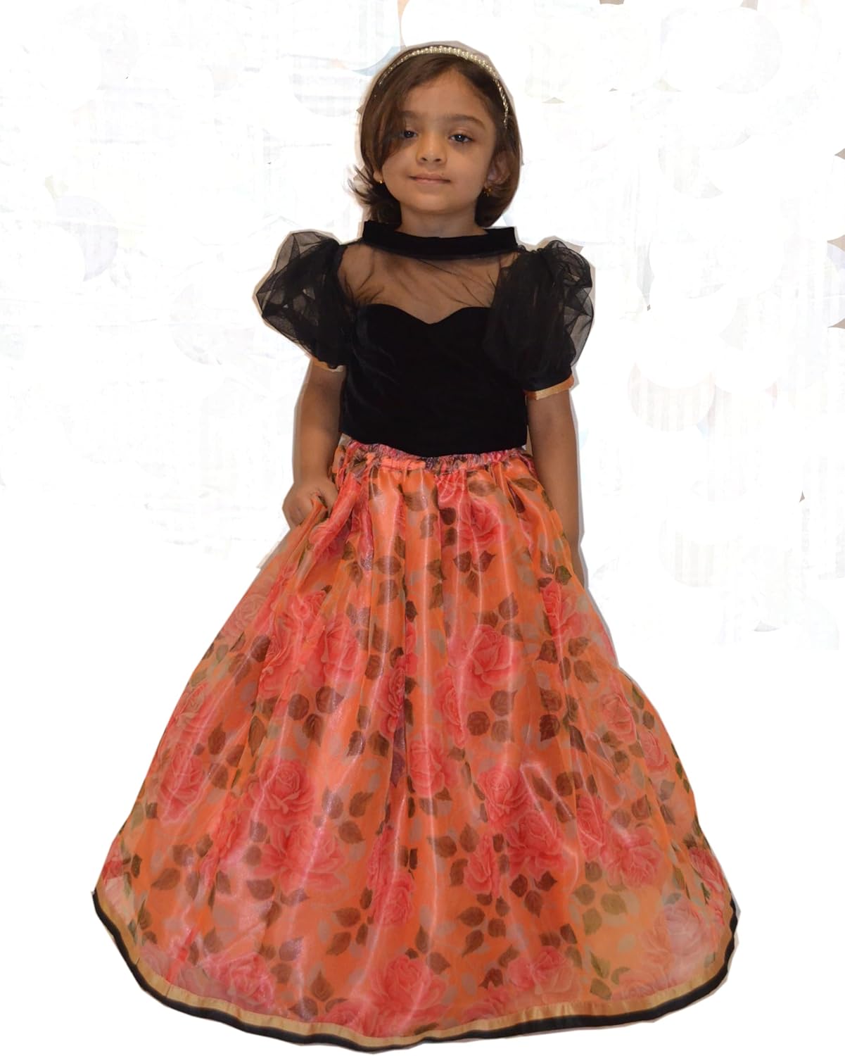 Black velvet and orange lehenga in organza.Available for ages 1-11 yrs .For diwali, festive, navratri