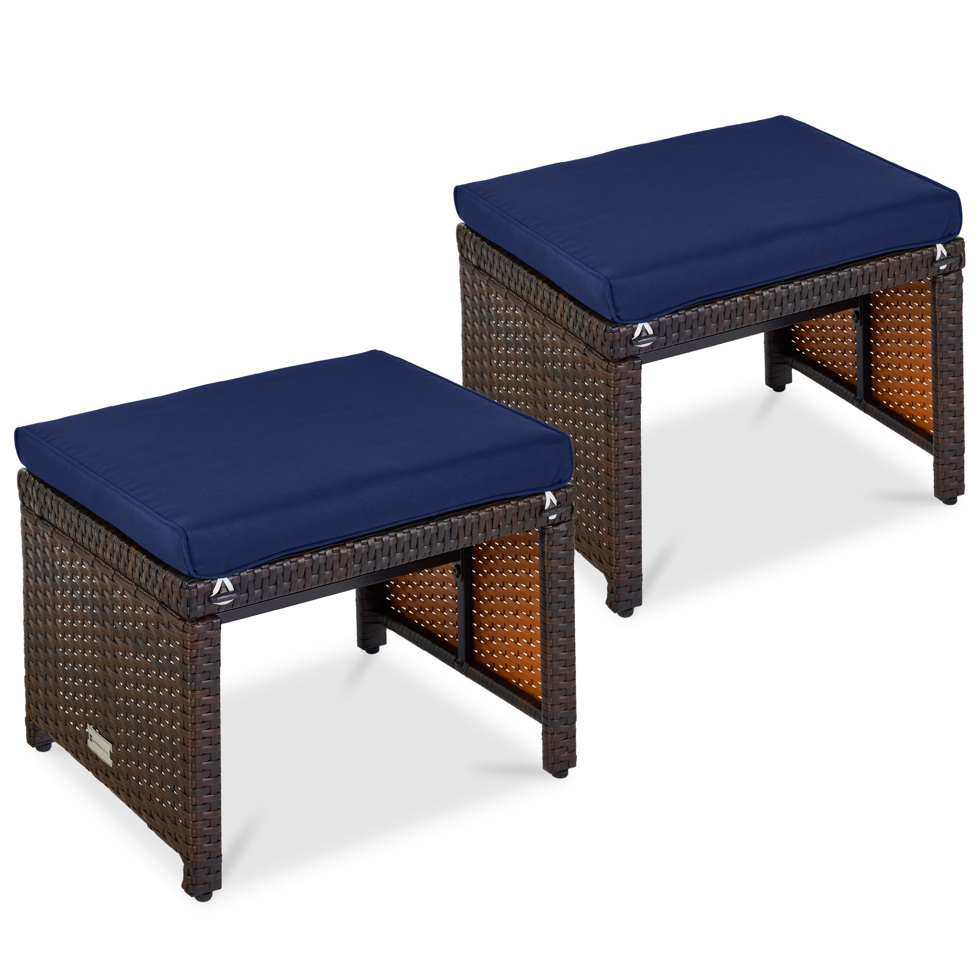 Best Choice Products Set of 2 Wicker Ottomans, Multipurpose Outdoor Furniture for Patio, Backyard, Additional Seating, Footrest, Side Table w/Removable Cushions, Steel Frame - Navy/Brown