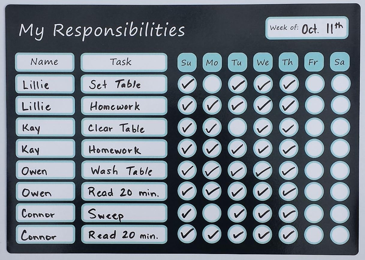 LillieKay Designs Chore Charts for Multiple Kids Magnetic Weekly Kids Planner for Fridge with Dry Erase Marker Responsibility Behavior Reward Checklist Chart for Kids, Teens and Adults