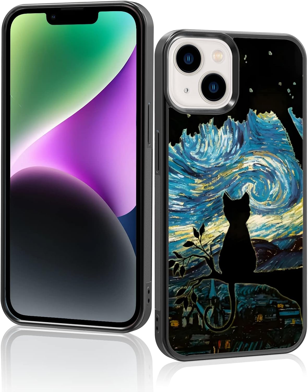 Van Gogh Black Cat Phone Case Compatible with iPhone 14 13 12 11 Plus Pro Max Mini Xr Xs Max, TPU iPhone Case Shockproof Starry Night Art Phone Cover Gift for Boy Girl Men Women