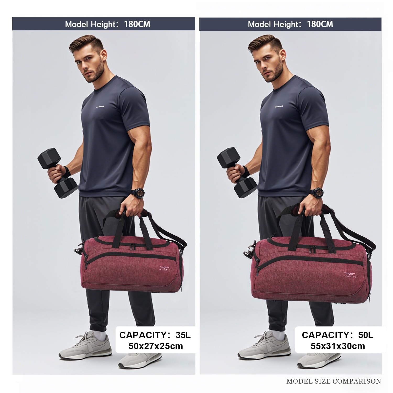 FIORETTO Sac de sport et de voyage 43L pour femmes et hommes, avec compartiment pour chaussures et pour vêtements mouillés, sac étanche pour sac de sport, gym, voyage, natation, sauna, football, 50 x