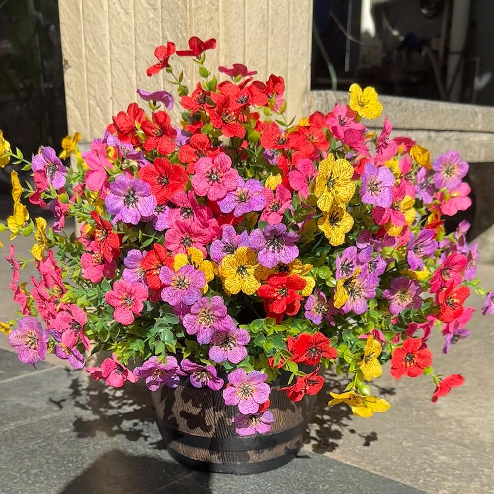 JARELING Artificial Flowers for Outdoor Outside Garden Home Decoration, 12 Bundles Faux Flowers Daisy Fake Plants Realistic UV Resistant for Outside Boxwood Porch Patio (Pink Purple Red Yellow)