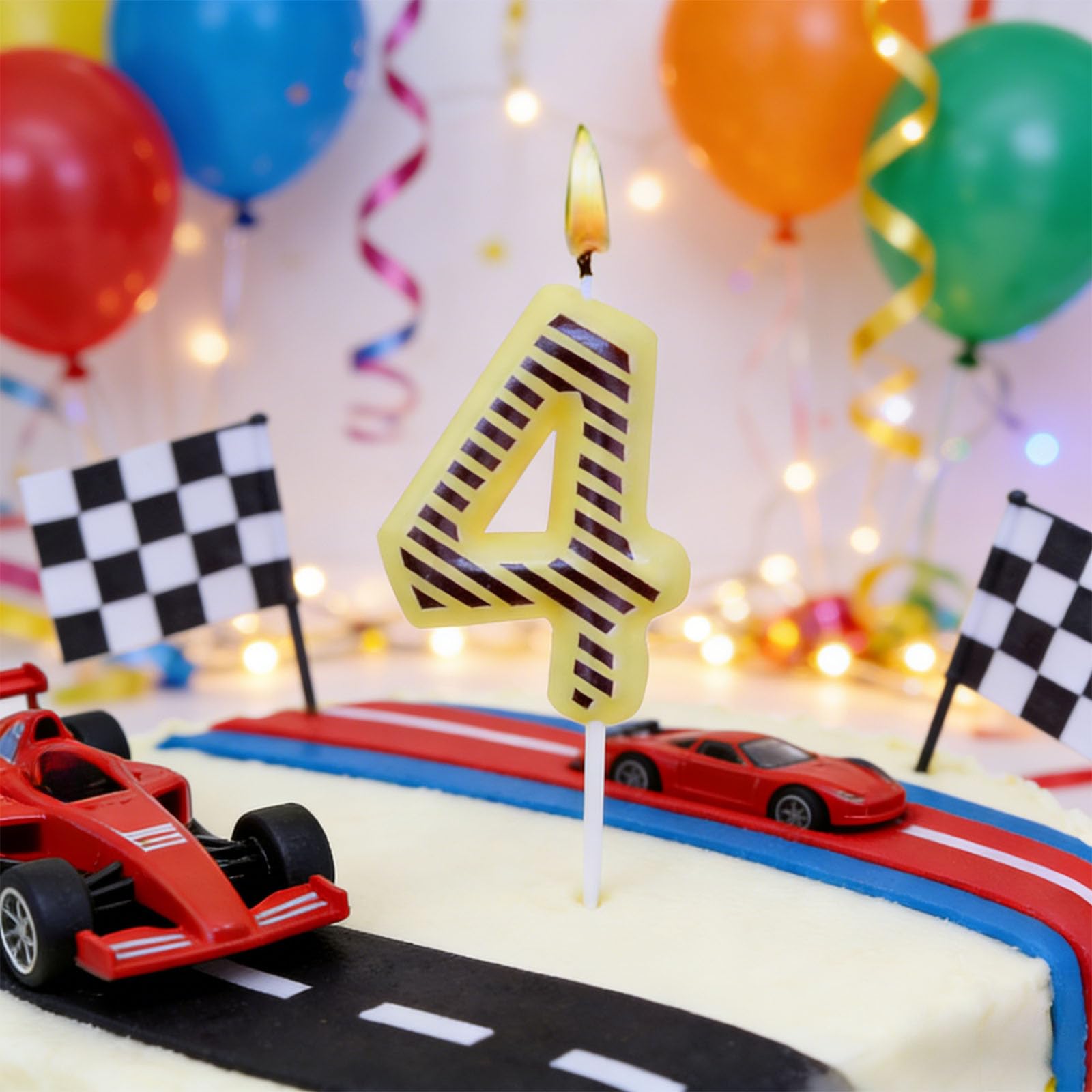Vgrdtw Yellow 4 Birthday Candles Racing Theme - Black And Car Party Decorations For Kids Cake