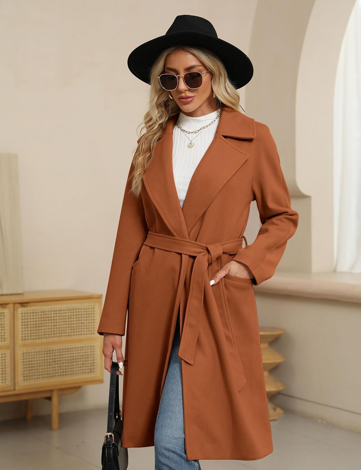 BZB Women's Trench Coat Long Wool Blend Pea Coat Winter Casual Overcoat Notched Lapel Collar Belted Long Jacket Outerwear - Image 4