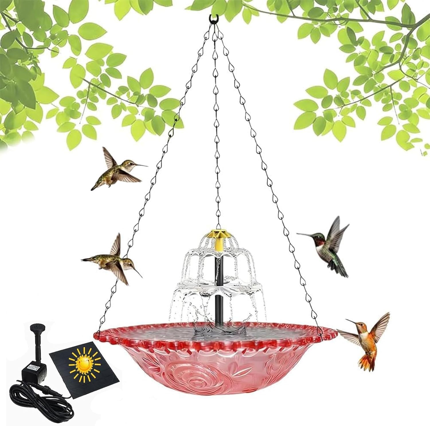Bain d'oiseaux extérieur rose et sa fontaine solaire suspendue en vitrail pour terrasse zen