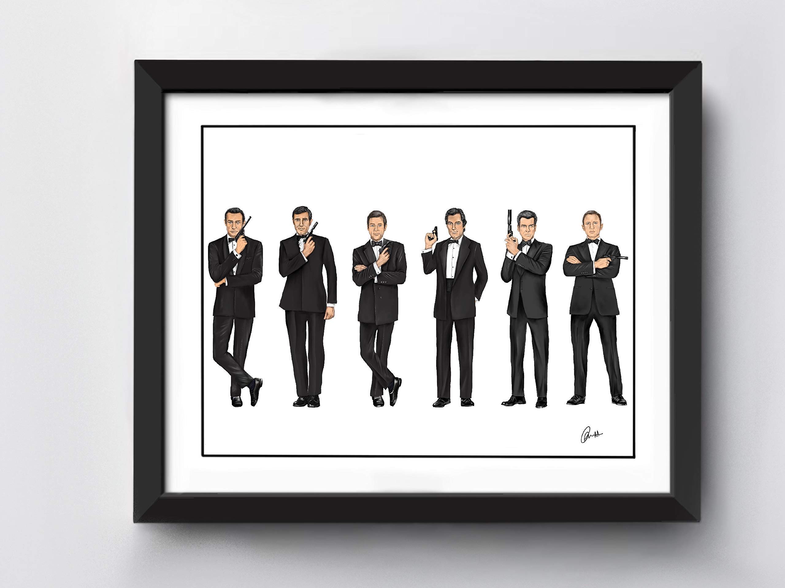 007 Art Print | A4 size | Connery | Lazenby | Moore | Dalton | Pierce | Craig | Hand Drawn Illustration