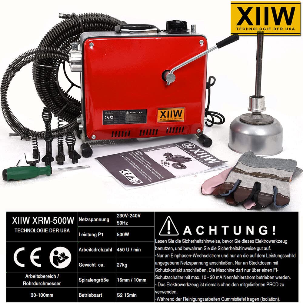 XIIW Sturatubi Elettrico 500W – 26m Spirali Φ16/9mm con Giunti Rapidi – Comando CW/CCW – Molla per Disostruzione Scarico Ø30-100mm – Lavandino, Doccia, Fognatura