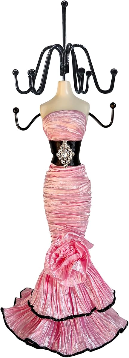 10.5" Jewelry Mannequin Stand, Necklace & Bracelet Holder Pink | 10.5" Dress Design: Elegant tabletop mini dress figurine adds a stylish touch to any vanity.