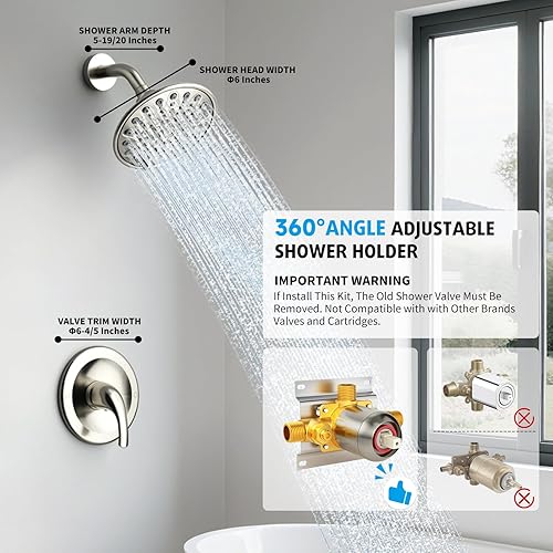 Miniatura 2 de EMBATHER - Juego de grifo de ducha de níquel cepillado, accesorios de ducha con cabezal de ducha de lluvia de 6 pulgadas, válvula de ducha de