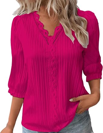 Linen Shirts for Women 2025 Summer Trendy Lace Half Sleeve V Neck Gauze Tops Plus Size Dressy Casual Boho Blouses