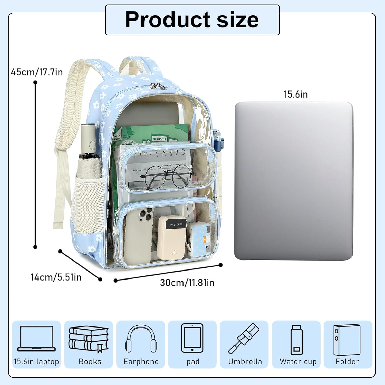 CAMTOP Clear Backpack Heavy Duty Transparent Bag See Through BookBag for Student School Work Festival Sport Travel (Blue Flower)