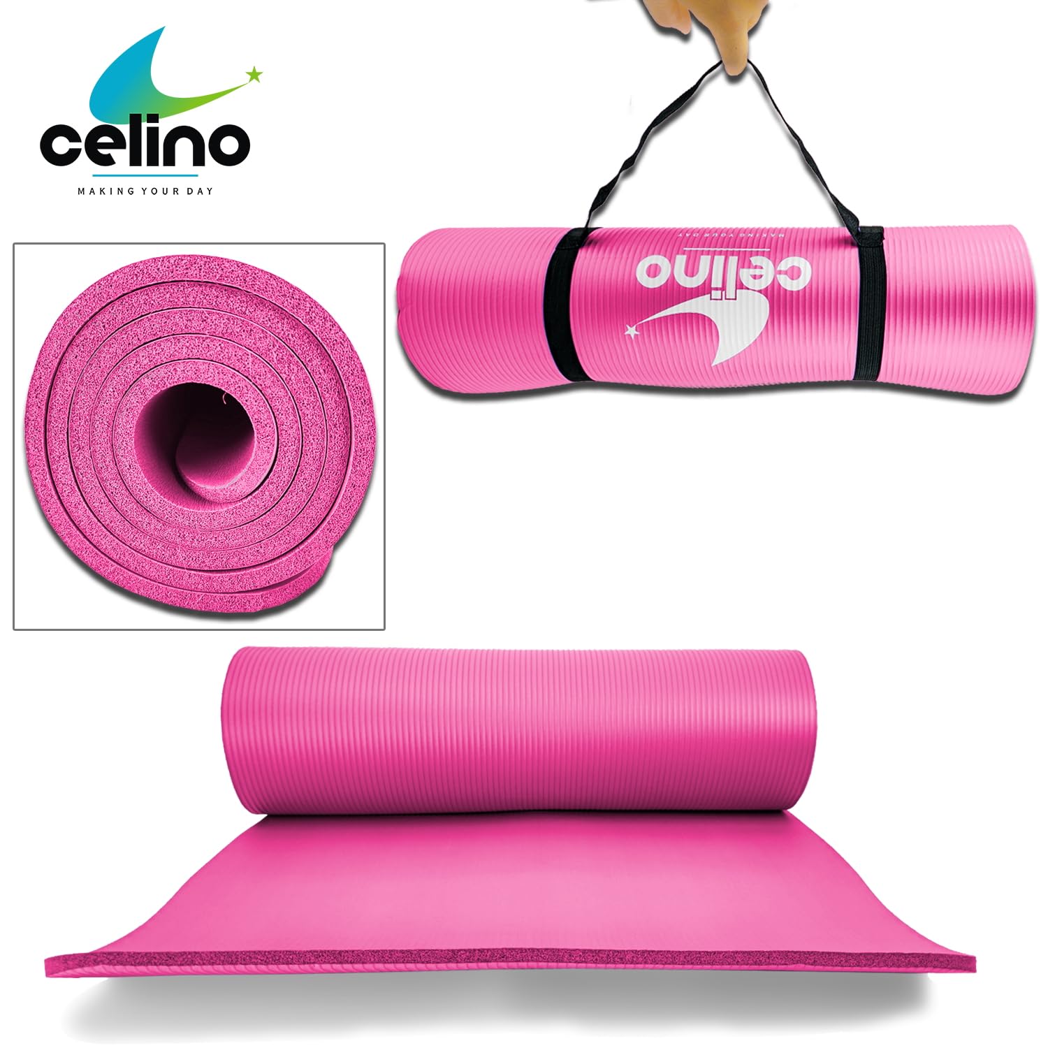 Tapis De Yoga Antidérapant, Respectueux De L'environnement, Anti-déchirure, Pour Entraînement à Domicile Avec Sangle De Transport (182,9 X 61 Cm, Rose Et Gris