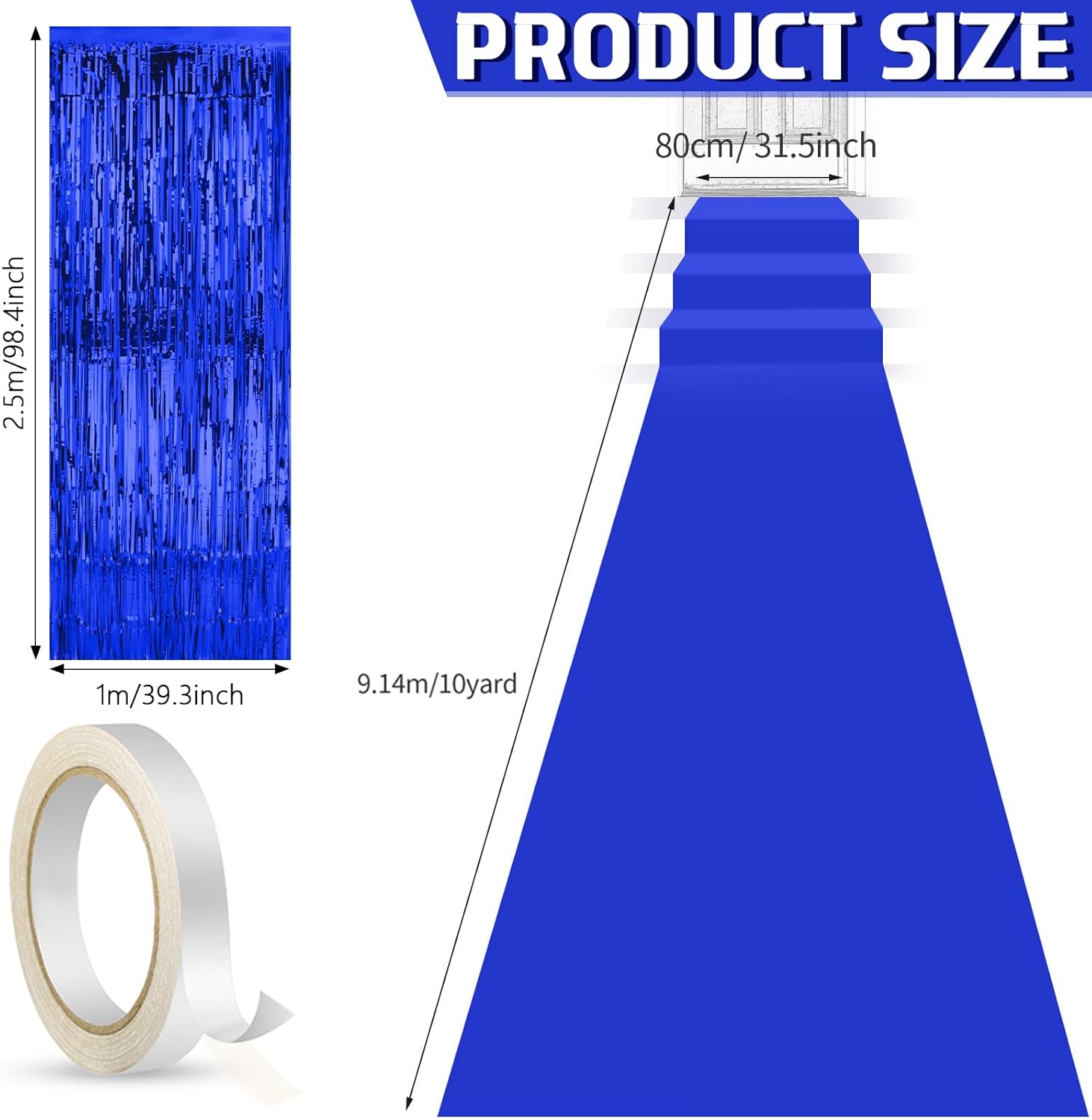 Tegeme Carpet Runner Aisle 2.6 x 30 Feet with Carpet Tape and 4 Pieces of 8.2 x 3.2 Feet Metal Tinsel Tassel Curtains for Halloween Birthday Wedding Party Decoration (Blue)