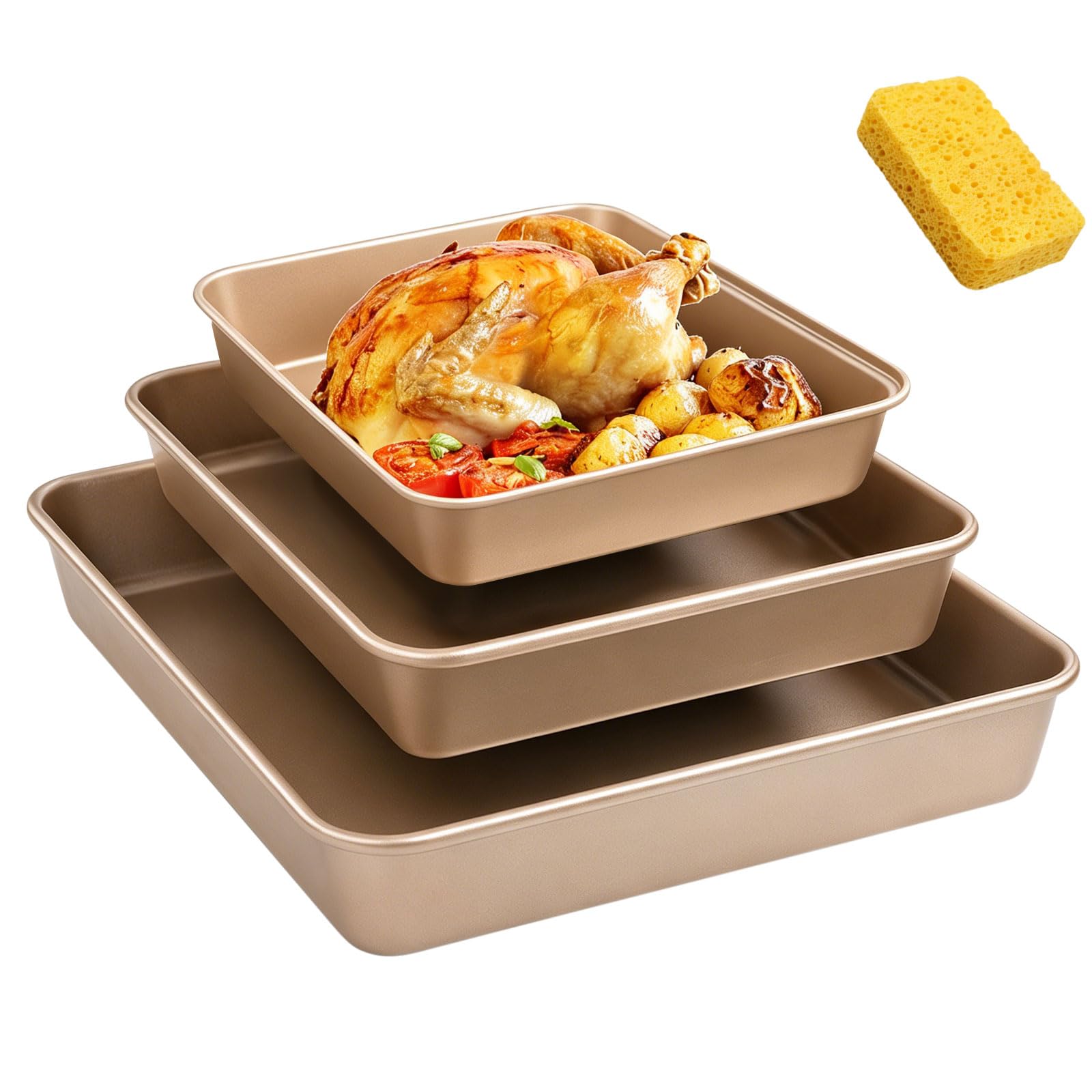 3 Pack Non-Stick Oven Trays Set, Deep Baking Sheet Pan Carbon Steel Bakeware with Non-Stick Coating for Easy Release, Roasting Rectangle Cake Tin for Brownie Cake Lasagna Durable - 9/11/13 in