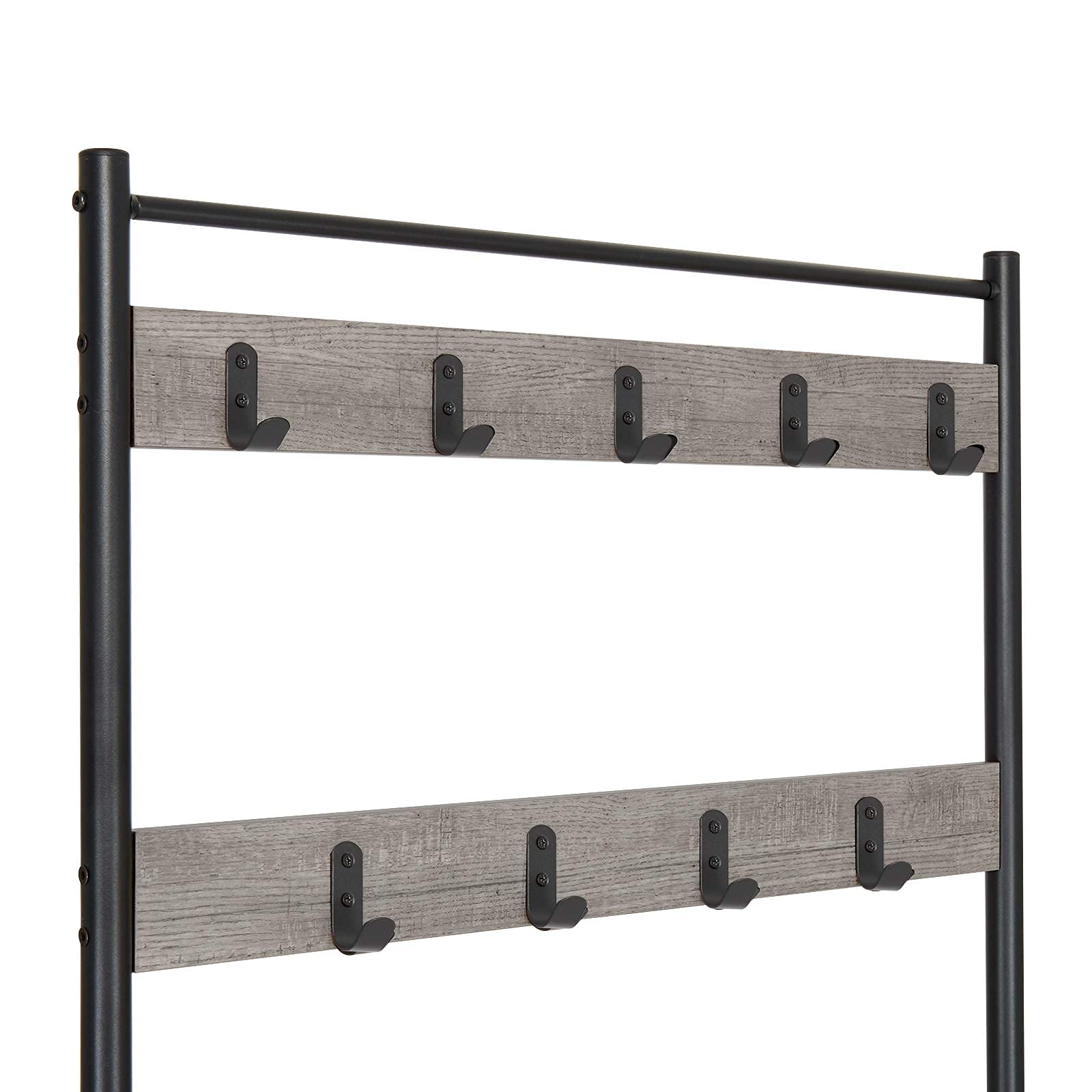 Mondeer Garderobenständer, Schuhregal mit Garderobe, 3 Ablagen und 9 Abnehmbaren Hake, Industrie Design, aus Metall und Holz,70 x 32 x 175 cm, für Flur, Grau