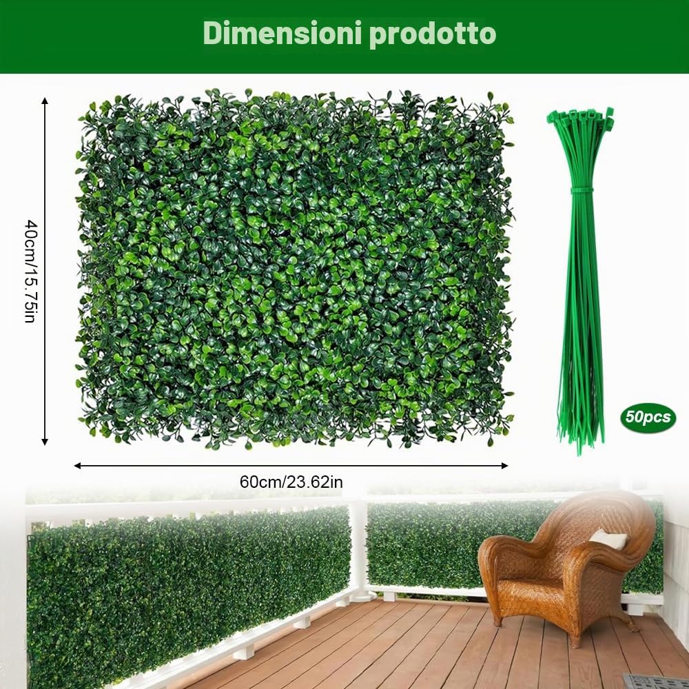 6 pannelli di siepe artificiali, 40 x 60 cm, in bosso verde scuro, recinzione per la privacy, per interni ed esterni, decorazione da giardino, sfondo per matrimoni, copertura per balcone