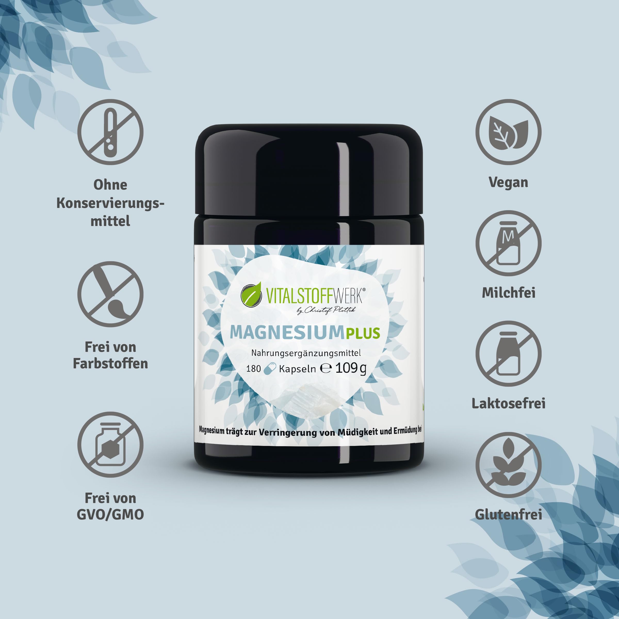 Magnesium Plus, VITALSTOFFWERK®, 180 Magnesium Kapseln, 4 Magnesiummineralien (Magnesiumcarbonat, Magnesiumcitrat, Magnesiumglycerophosphat, Magnesiumoxid), 109 g