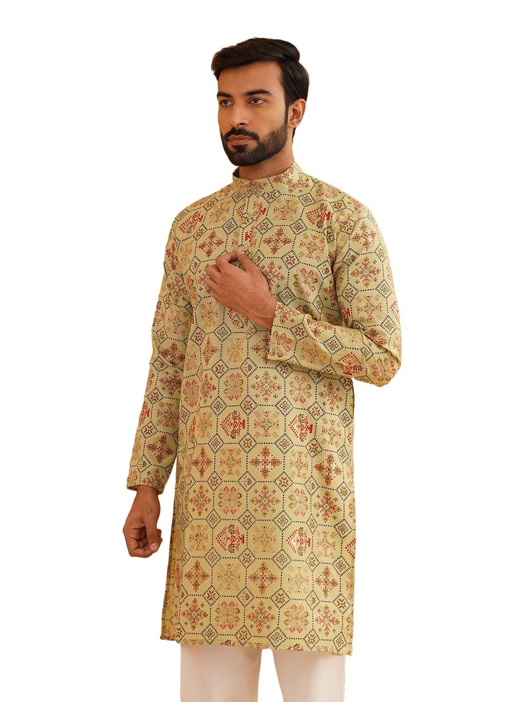 Sojanya (Since 1958 Men's Cotton Blend Pista Green Color Floral Design Only Long Kurta