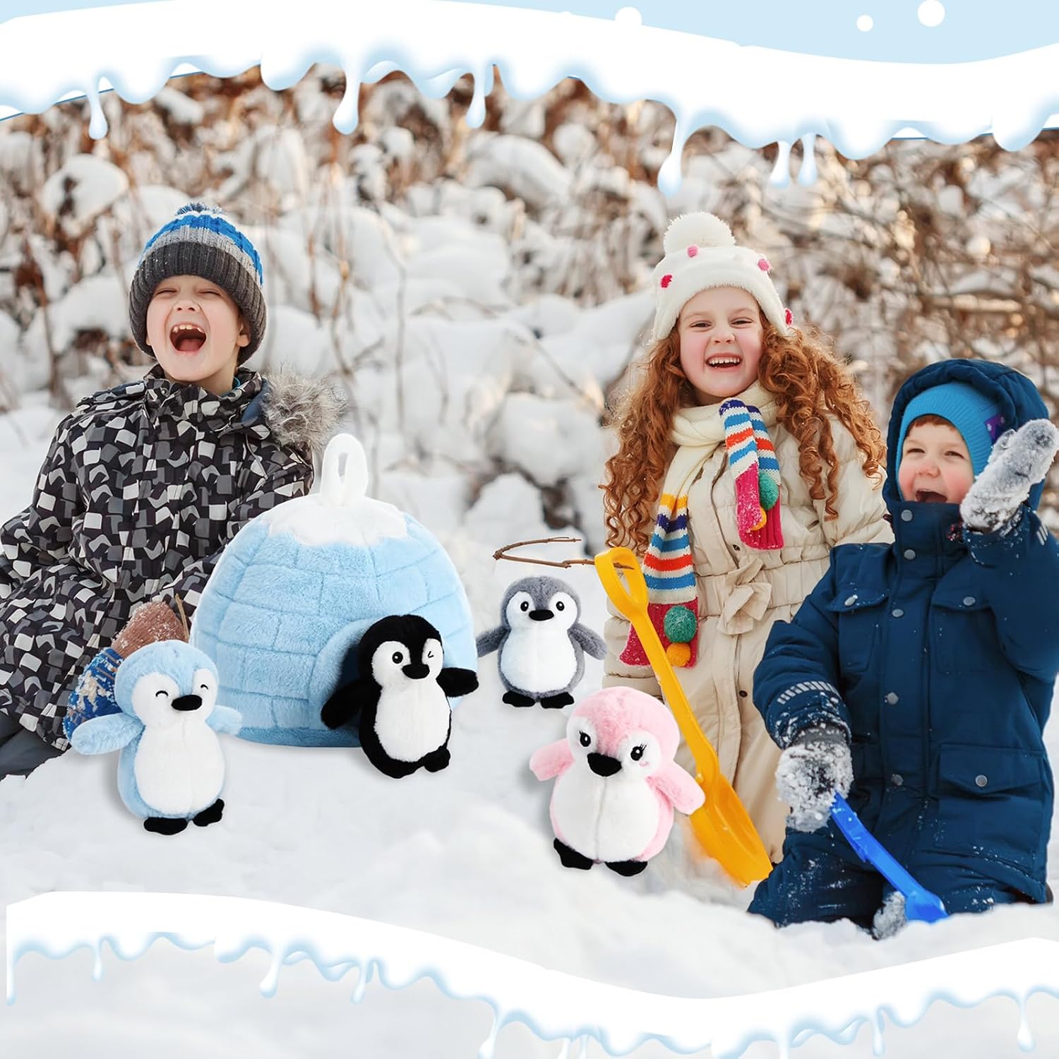 5 Pcs Penguin Plush Toys Set with Igloo House, 4 Baby Penguin Stuffed Animals Soft Plush Playset for Kids Toddlers, Cute Winter Toys Gifts for Christmas Birthdays Stocking Stuffers