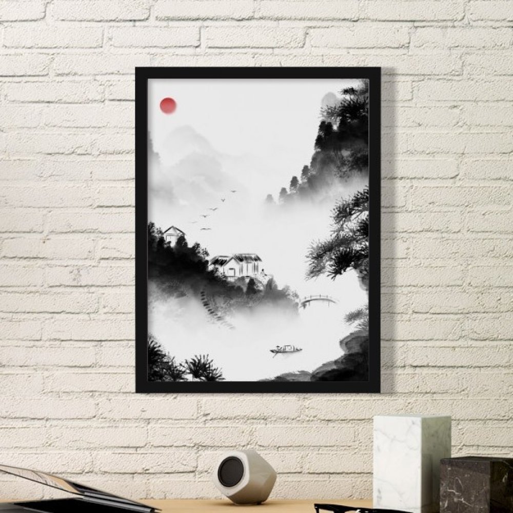 Cadre photo aquarelle chinoise de montagne, idee cadeau de decoration originale