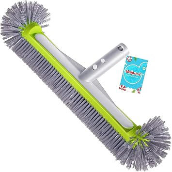 Professional Swimming Pool Brush Head with Round Ends,17.5" Heavy Duty Aluminum Back for Cleaning Pool Walls, 7 Rows Premium Nylon Bristles with EZ Clips Green Grey