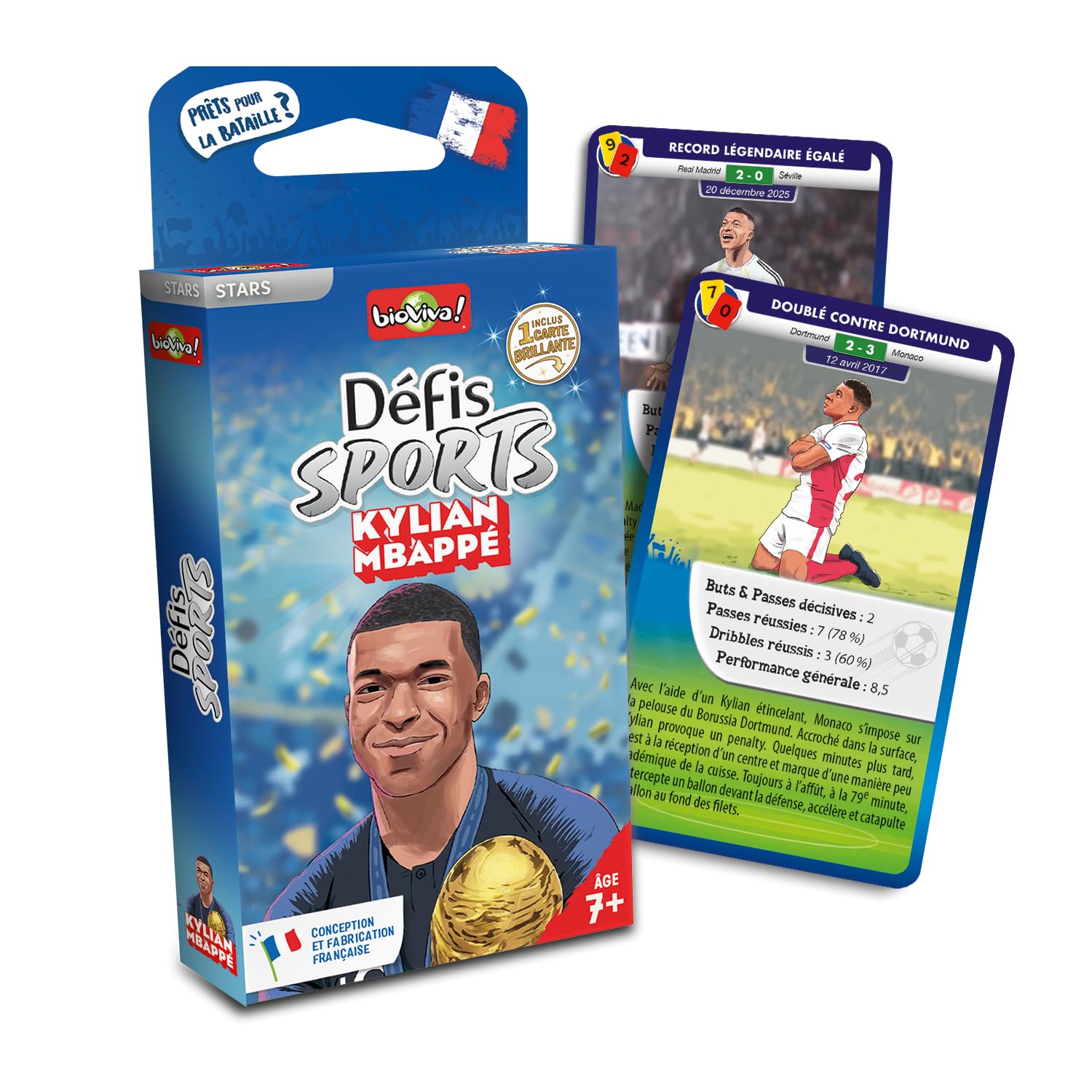 Bioviva - Défis Sports - Kylian Mbappé - Jeu de Cartes Enfant - Bataille Thème Foot - Dès 7 Ans - 2 à 6 Joueurs - Fabriqué en France