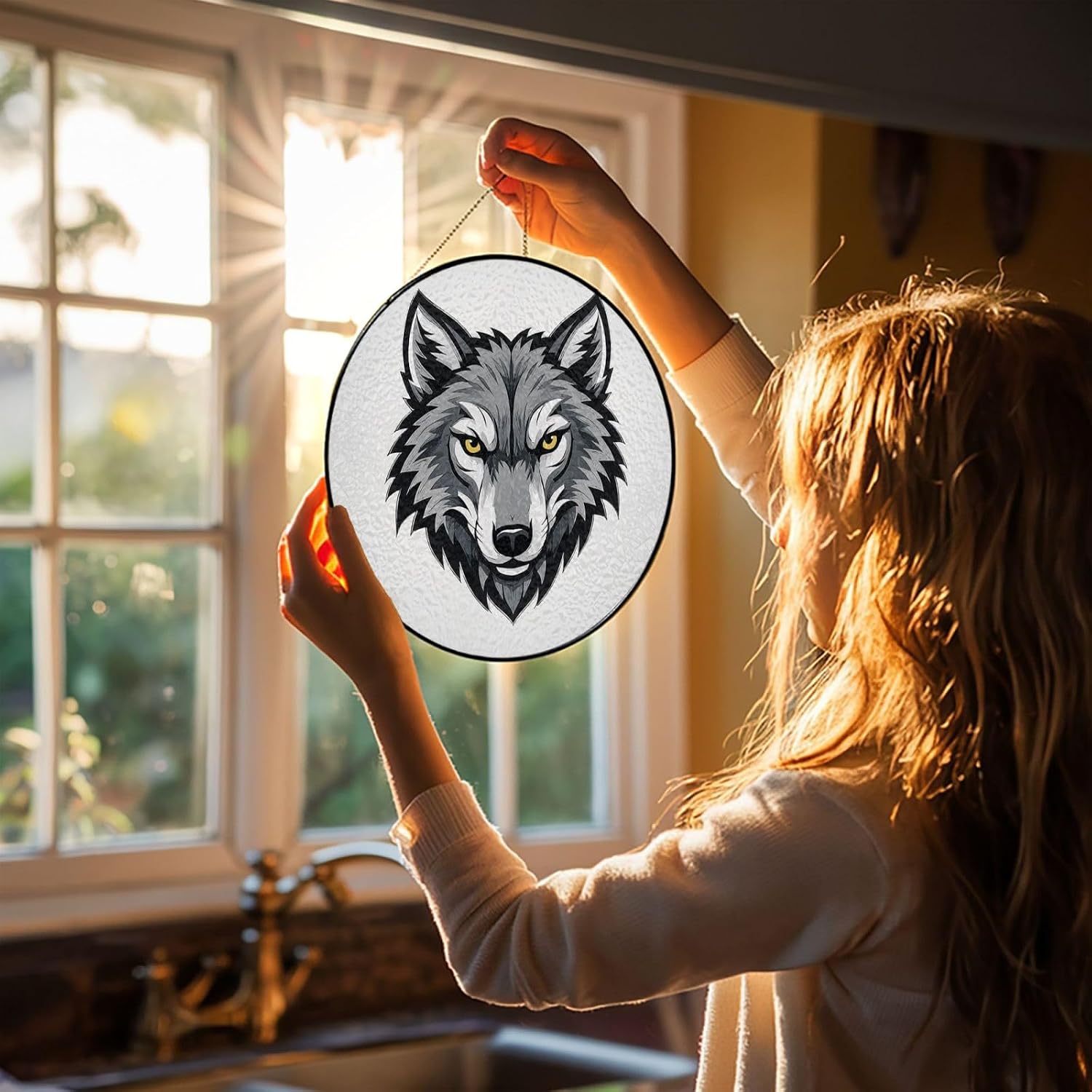 Stained Glass Window Hanging 12in Window Suncatcher Glass Panel with Metal Chain 3D Wolf Print Sun Catchers Wall Art Home Decor Gift for Women Mother's Day