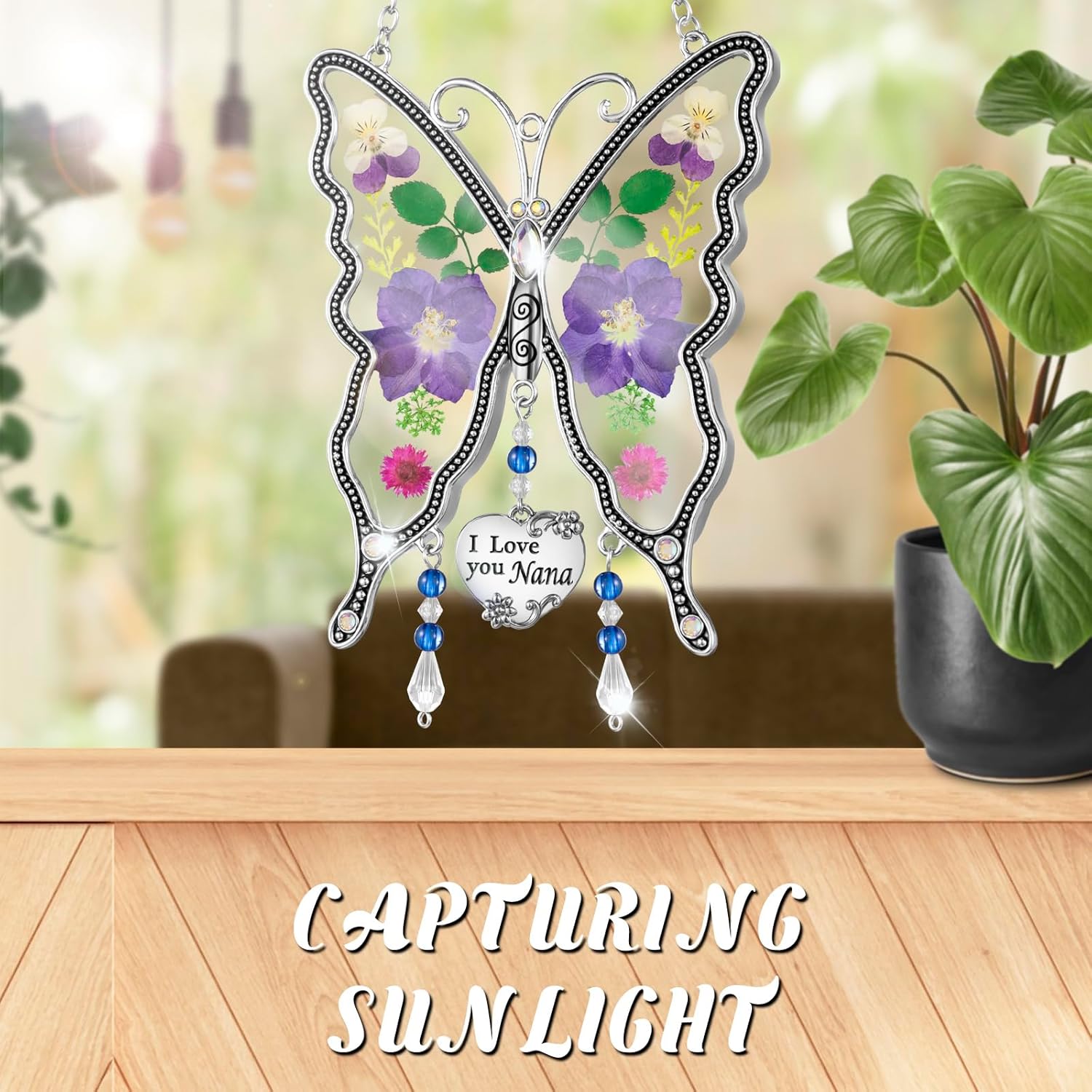 LARAINE Butterfly Suncatcher with Pressed Colourful Flower Wings Mom Mother's Day Butterfly Glass Wind Chime Ornament Charm with Metal Heart Gifts for Mom Grandma Aunt Birthday (Purple, Nana) - Image 2