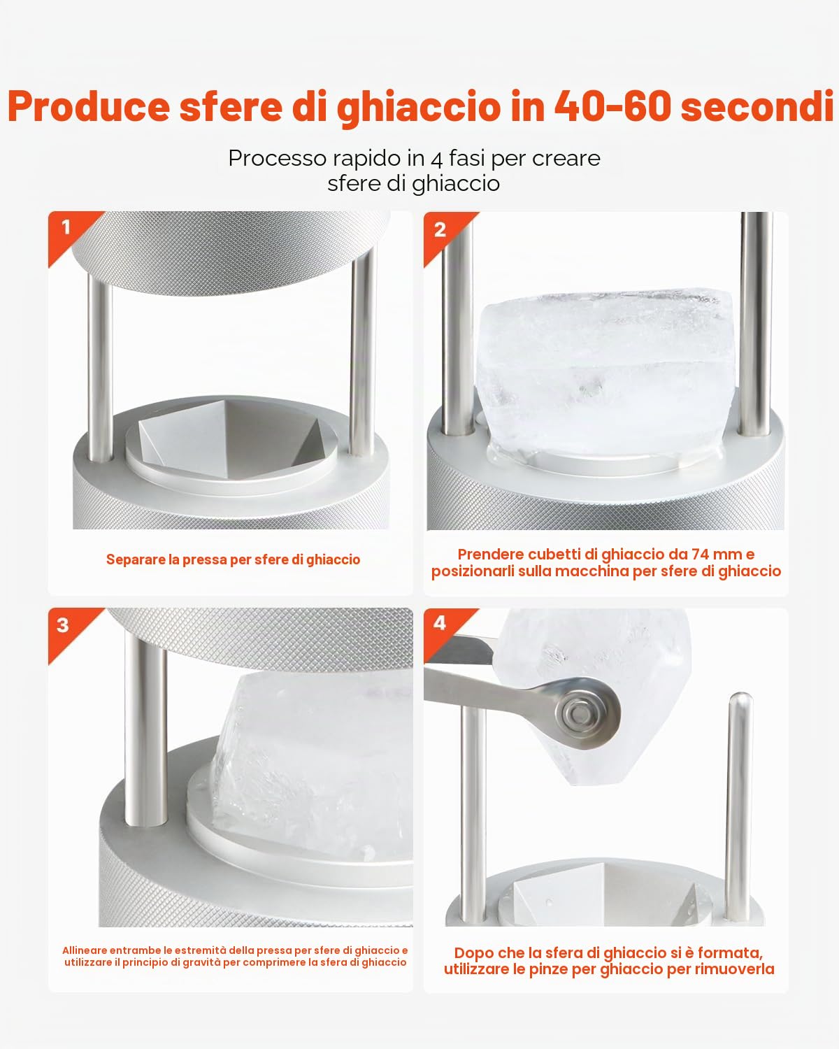 VEVOR Pressa per Cubetti di Ghiaccio 65mm, Stampo per Cubetti di Ghiaccio Rotondi in Alluminio Aeronautico, Pressa per Cubetti di Ghiaccio con Vassoio Antigoccia Pinze Bevande Cocktail Whisky Bar