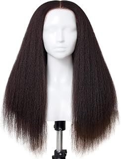 Lace Front Wig, 26 in Black Kinky Straight Synthetic Wig, Yaki Wig for Women, Middle Part Long Wig, Heat Safe Styling Fibers