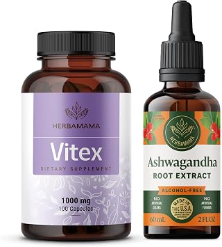 HERBAMAMA Vitex and Ashwagandha Kit - Bundle of 1000 mg Vitex Chasteberry Capsules & Ashwagandha Liquid Drops 2 fl oz - Vegan, Non-GMO, Sugar & Alcohol-Free - 2 Pack