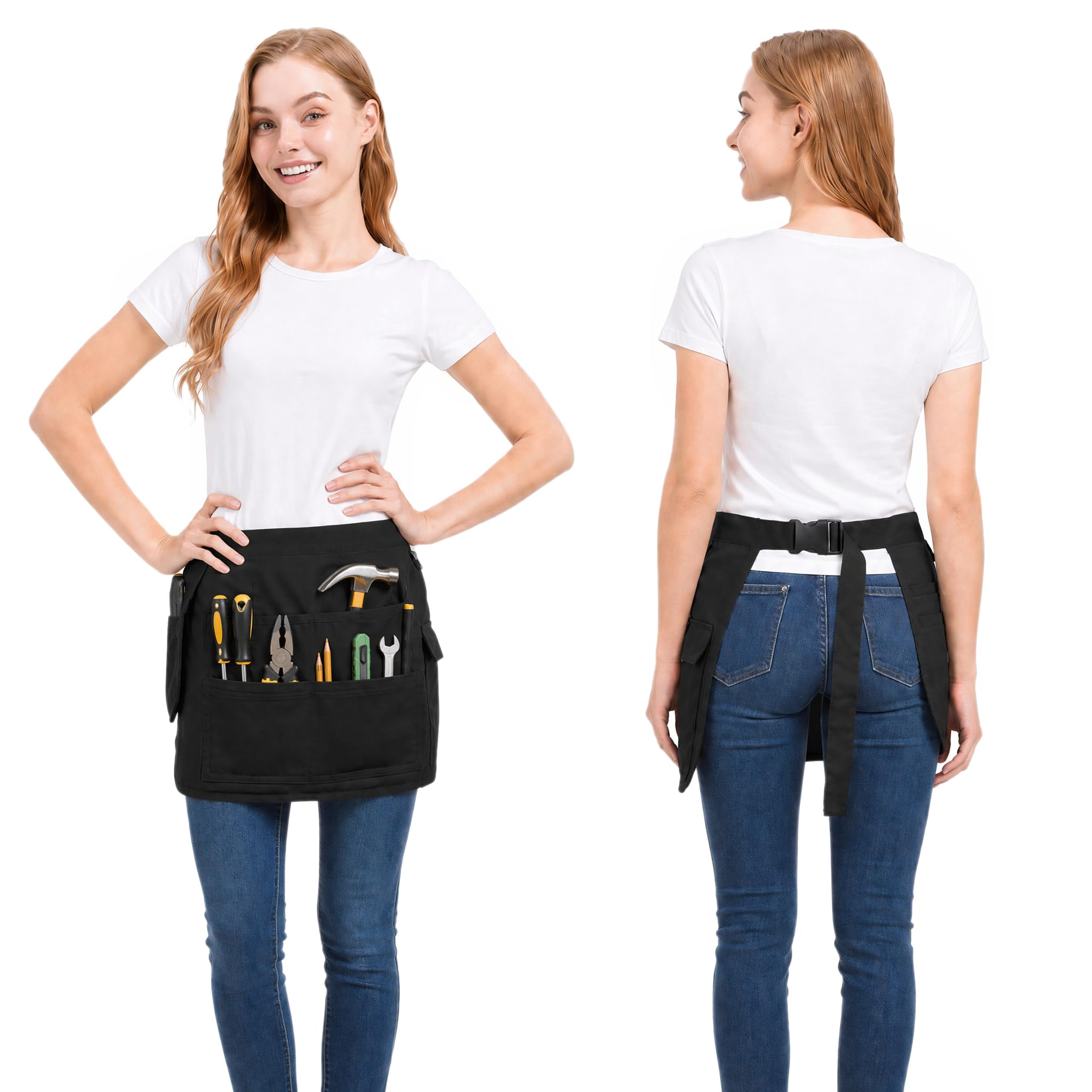 Molaxhome Waist Tool Apron with Multi-Pocket Waitress Server Apron with Adjustable Belt for Waiter Hairdresser Black