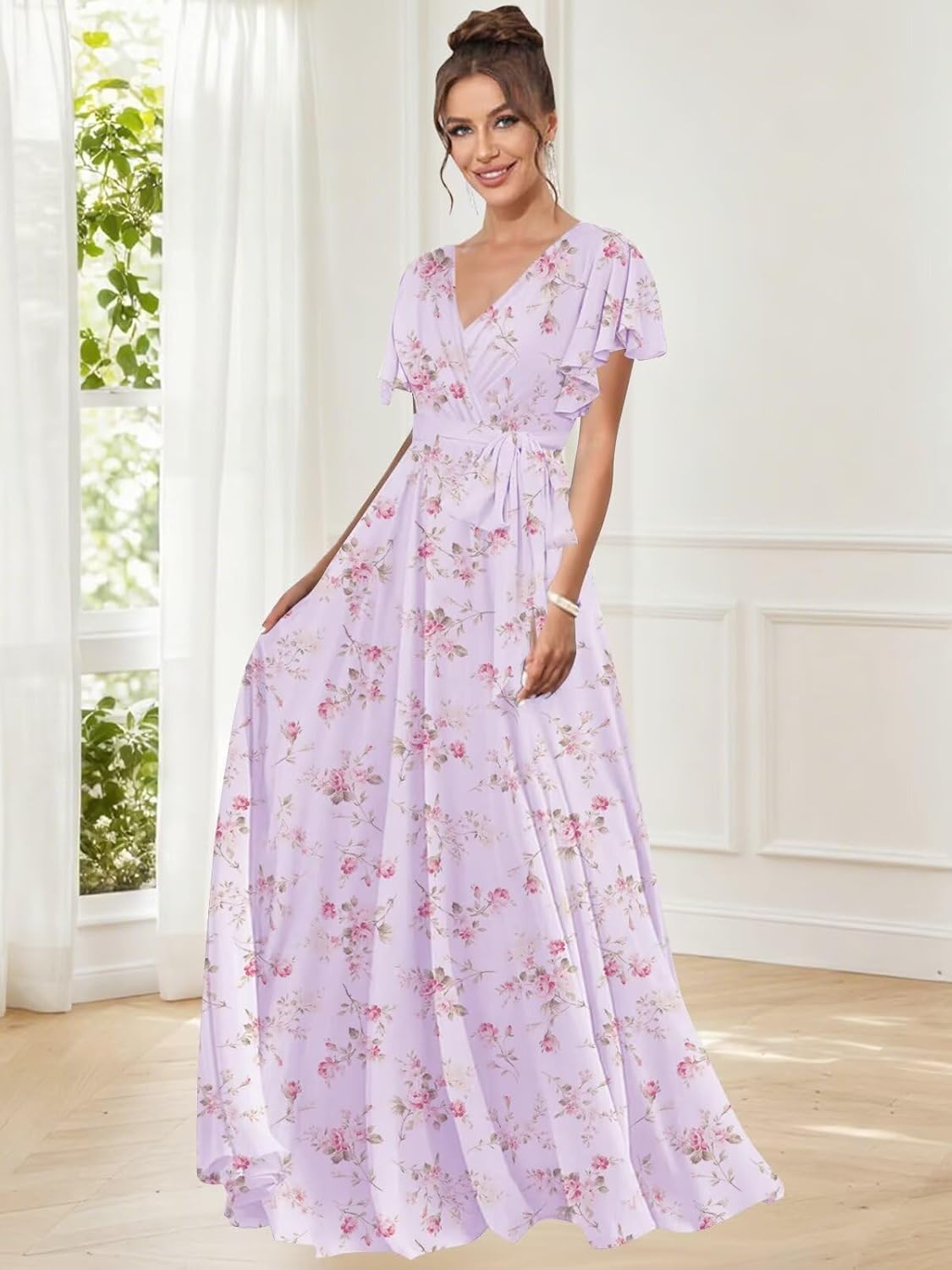 petyoo Flutter Sleeve Bridesmaid Dresses Long Chiffon V Neck Formal Evening Dress with Sash