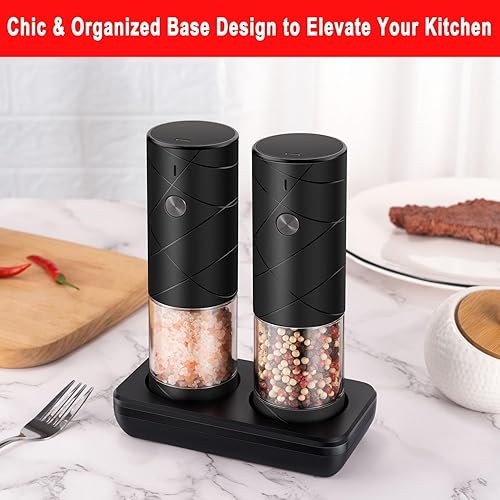 Miniatura 3 de Juego de molinillo eléctrico recargable de sal y pimienta, capacidad extra grande de 12 taza con base, juego de coctelera automática de pimienta y