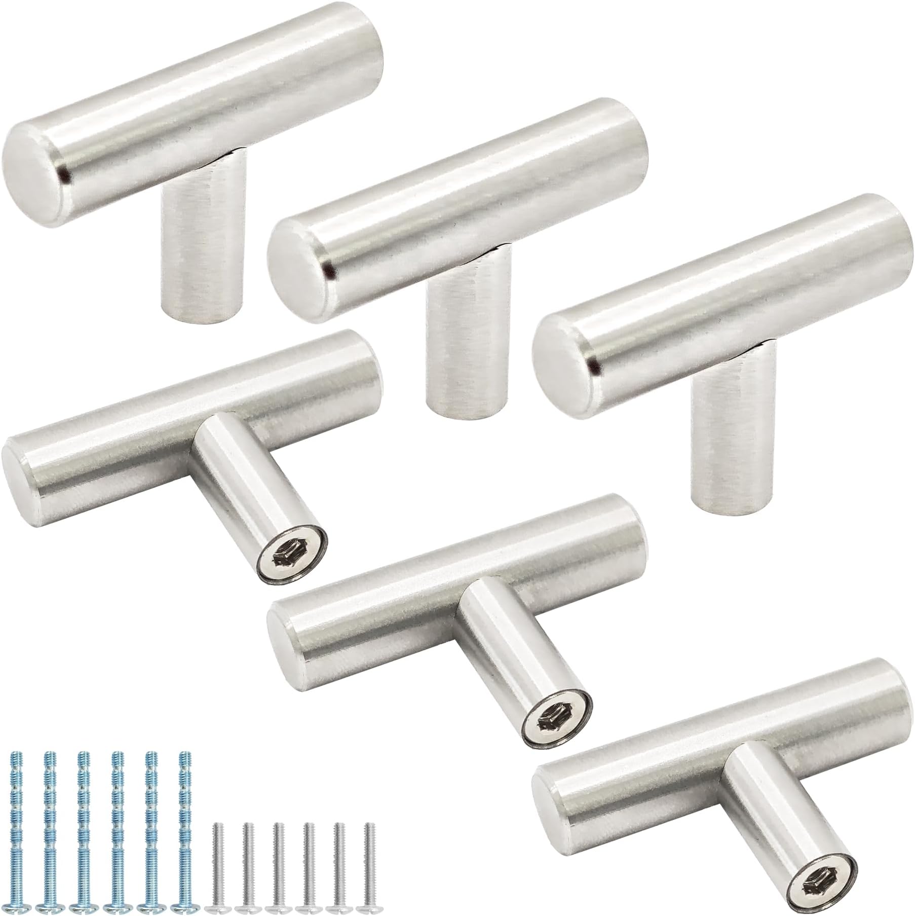 6PCS 2 Inch Brushed Nickel T Bar Cabinet Knobs, Single Hole Stainless Steel Drawer Pulls, Modern Kitchen Hardware Handles for Dresser Cupboard (Silver)