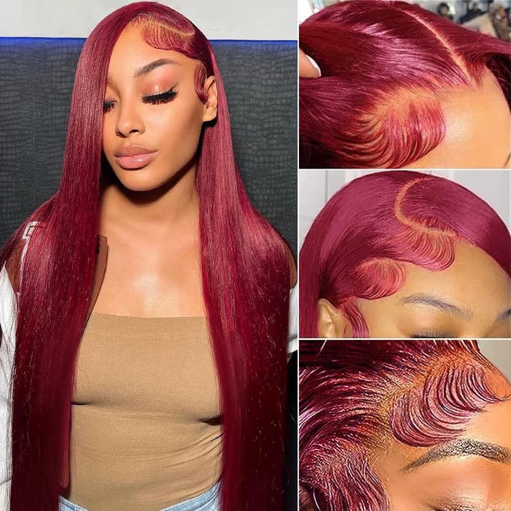 ROLKISA 99j Burgundy Lace Front Wigs Human Hair 20Inch 13x6 Lace Front Wigs Human Hair Straight Red 180% Density HD Lace Front Human Hair Pre Plucked