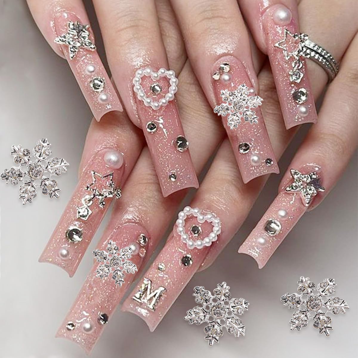12Pcs Christmas Nail Charms 3D Alloy Snowflake Charm Gems Rhinestones Shiny Designs Silver Gold Jewelry for Women Girls Acrylic Manicure Decorations Supplies