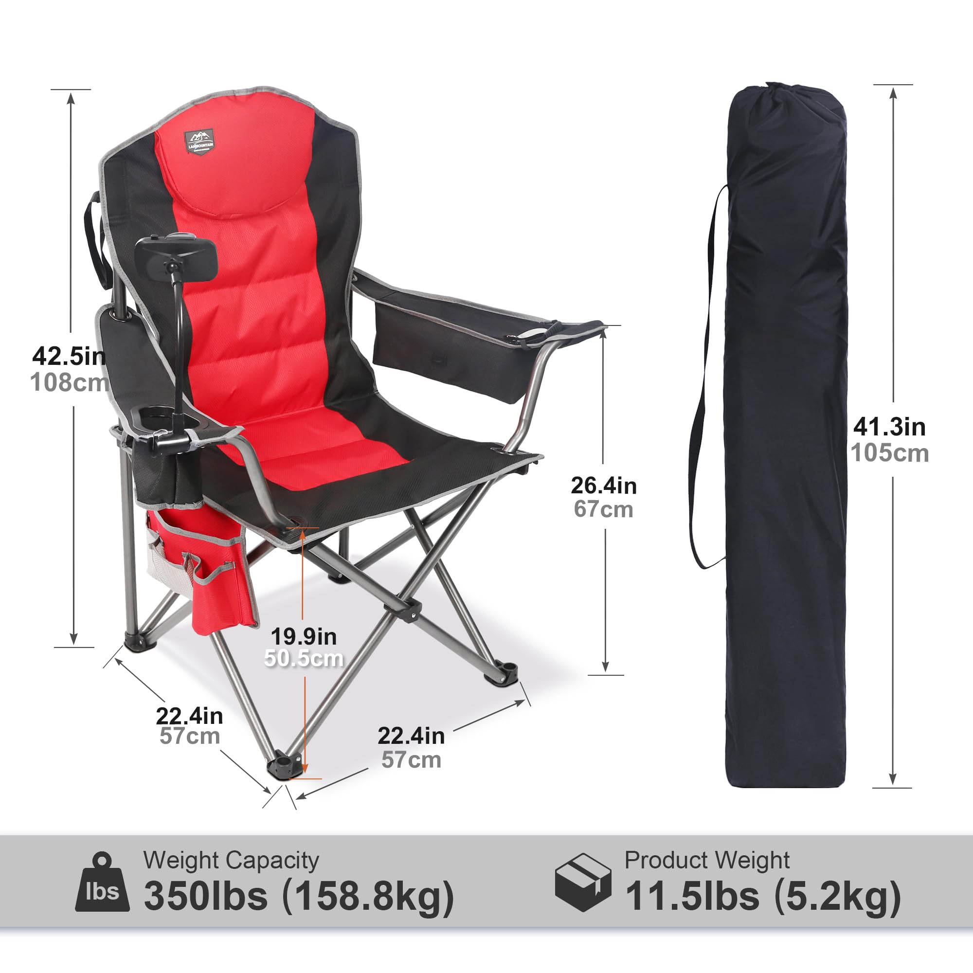 LANMOUNTAIN Camping Chairs for Adults,High Back Outdoor Folding Padded Heavy Duty Lawn Chairs w/Phone Holder, Cup Holder,Cooler Bag,Opener,Perfect for Adults Beach Trips,Red