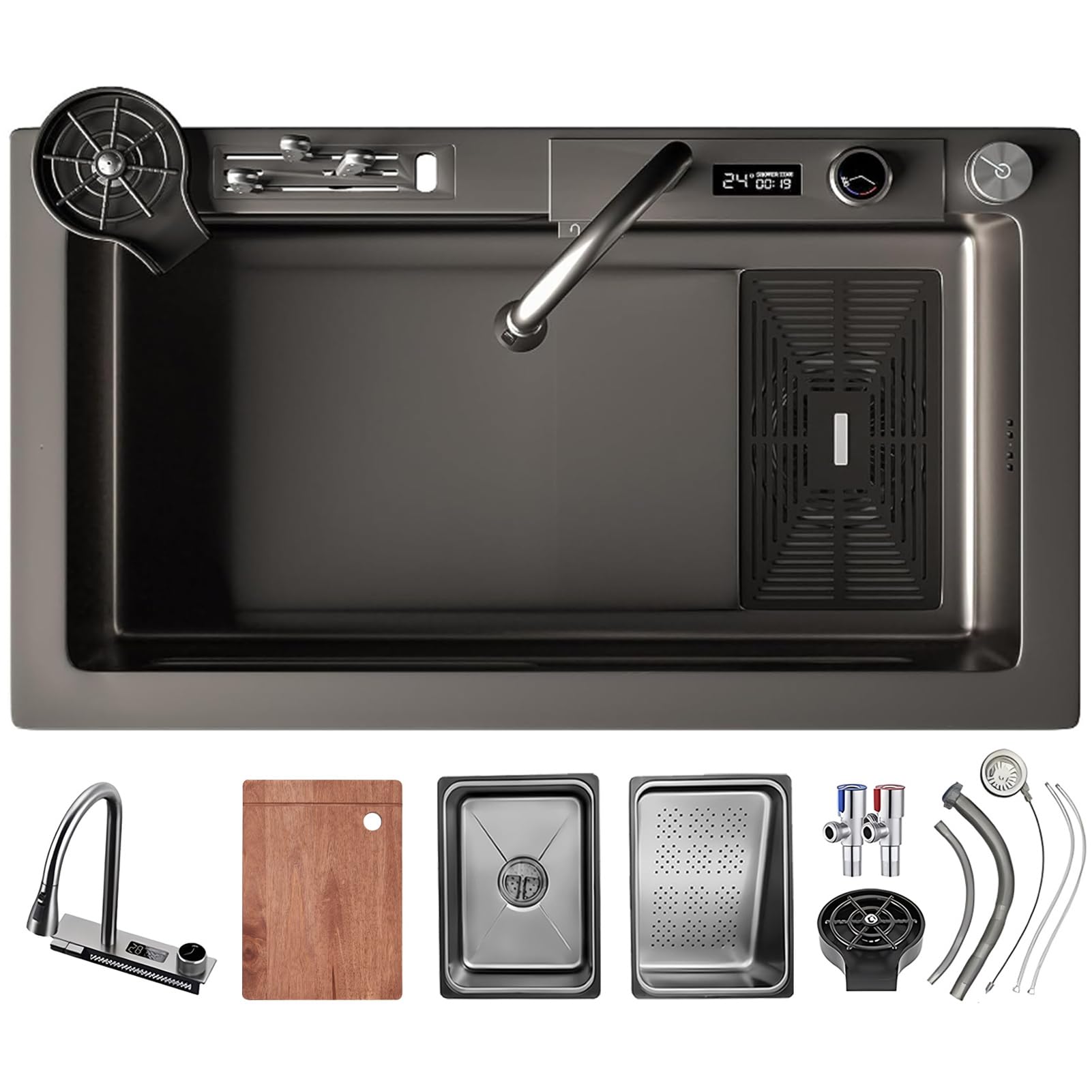 Fregadero de cocina con cascada, 75 x 45 cm, grifo de cascada led, tabla de cortar deslizante y lavaplatos de alta presión, compacto y multifuncional